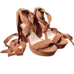 Wild Diva Lounge Suede Lace Up Platform Heeled Ankle Strap Sandals Brown Size 7